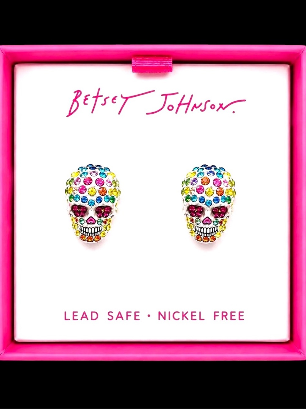 NWT•Betsey Johnson Rainbow Crystal Skull Stud Earrings